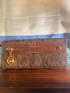 Michael Kors Brown and Tan MK Logo Continental Wallet